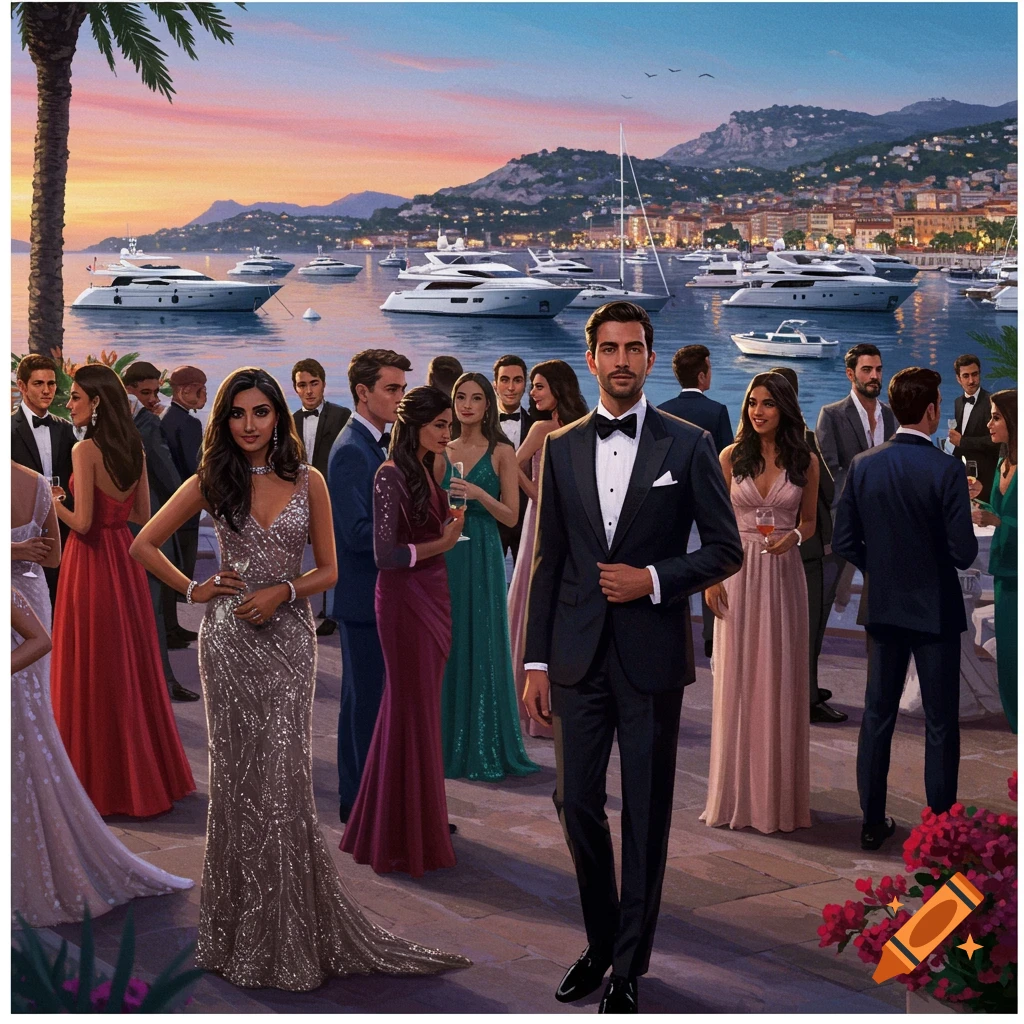 A digital painting of people in formal wear attending a party by the water with yachts and a town at sunset.