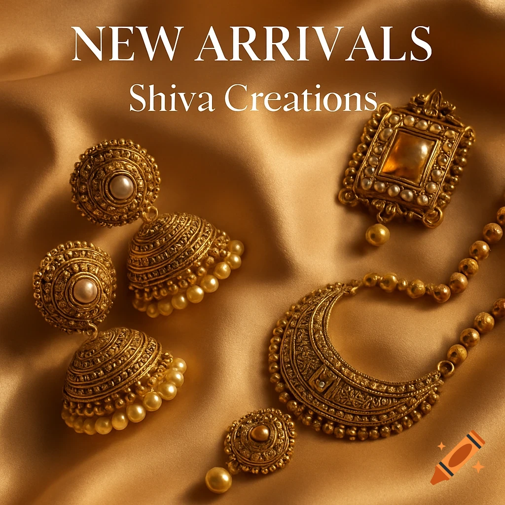 Golden Indian jewelry including earrings, pendant, and necklace on a satin cloth.
