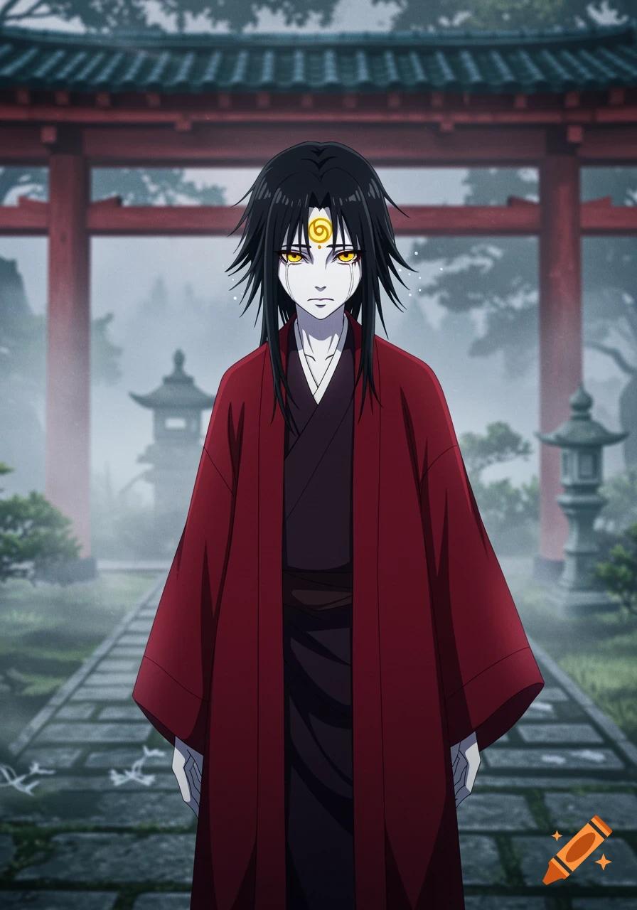An anime character with yellow eyes and a talisman on their forehead stands in a Japanese garden.