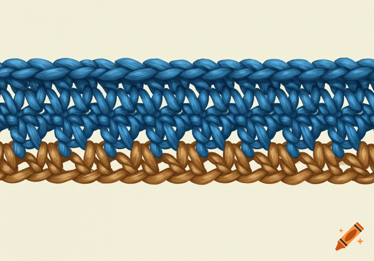 Close-up illustration of blue and brown crochet stitches