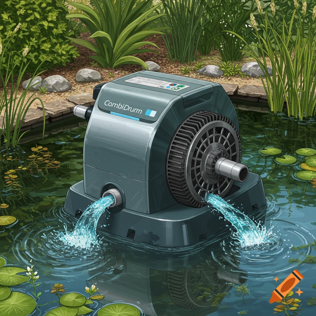 An illustration of a pond filter device pumping water into a pond with lily pads and plants.