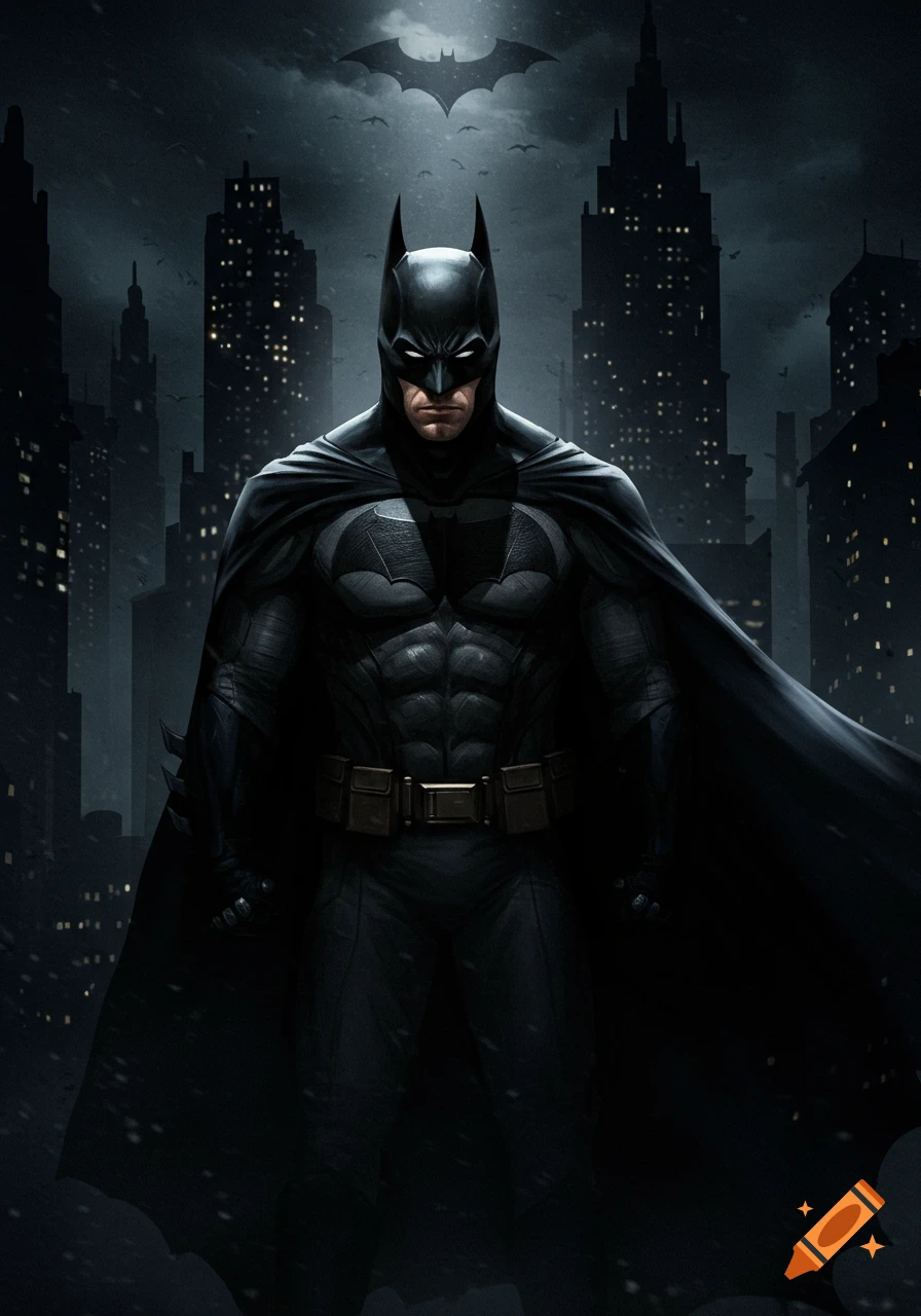 Batman standing in a dark city with bat-symbol in the sky