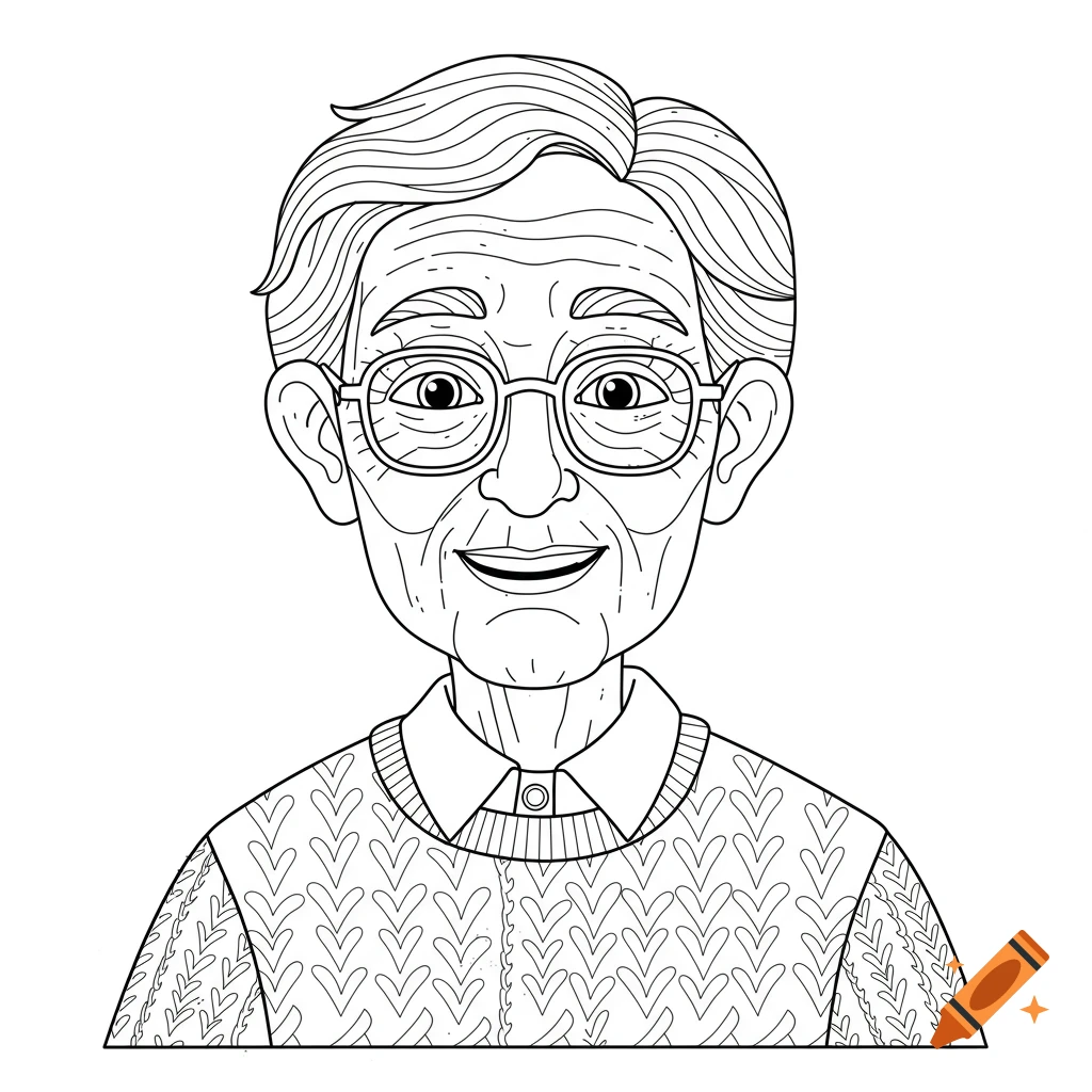 Black and white coloring page illustration of an older man wearing glasses and a sweater.