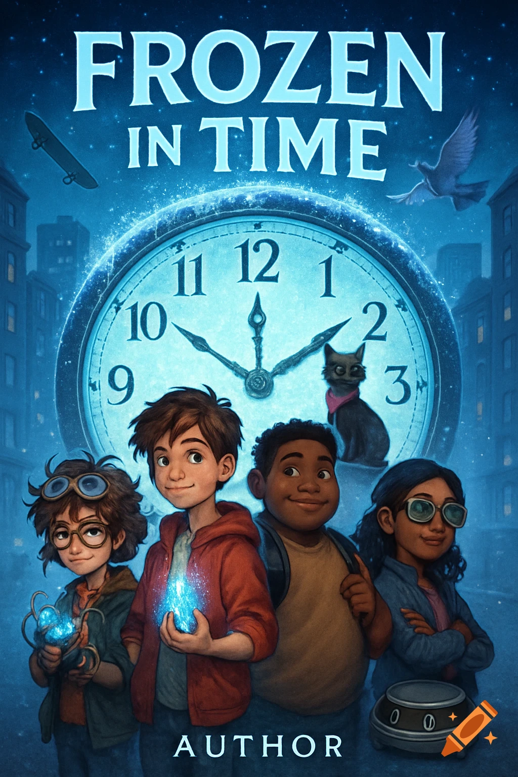 A book cover illustration of diverse kids, a cat, and a robot in front of a giant glowing clock in a city. Title "Frozen in Time".