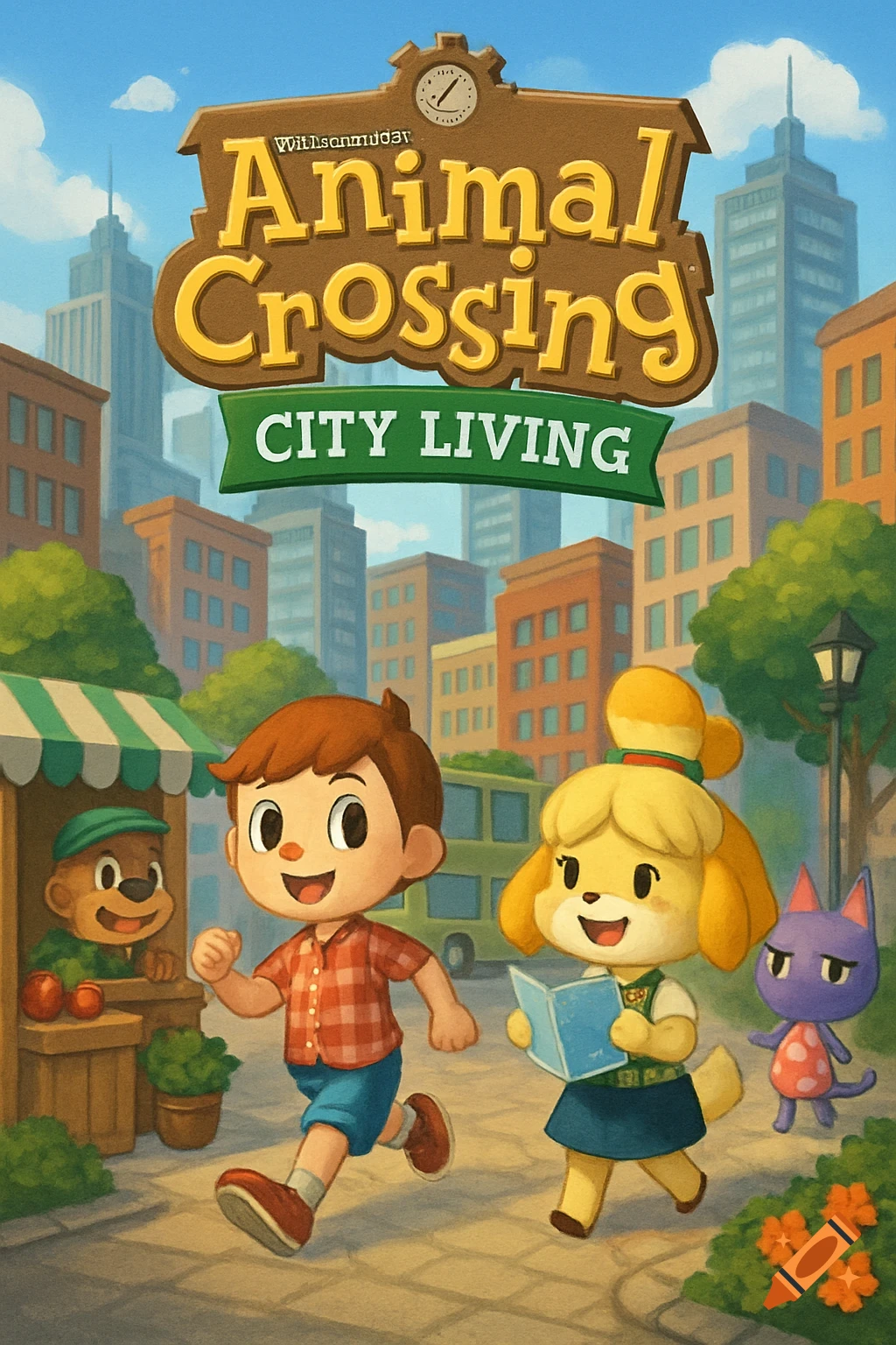 Illustrated game cover in the style of Animal Crossing, showing characters running through a city street with tall buildings. The title text reads 'Animal Crossing CITY LIVING'.