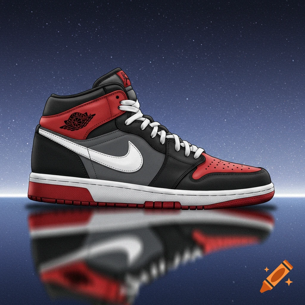 Illustration of a red, black, and grey high-top sneaker against a starry sky, reflected below.