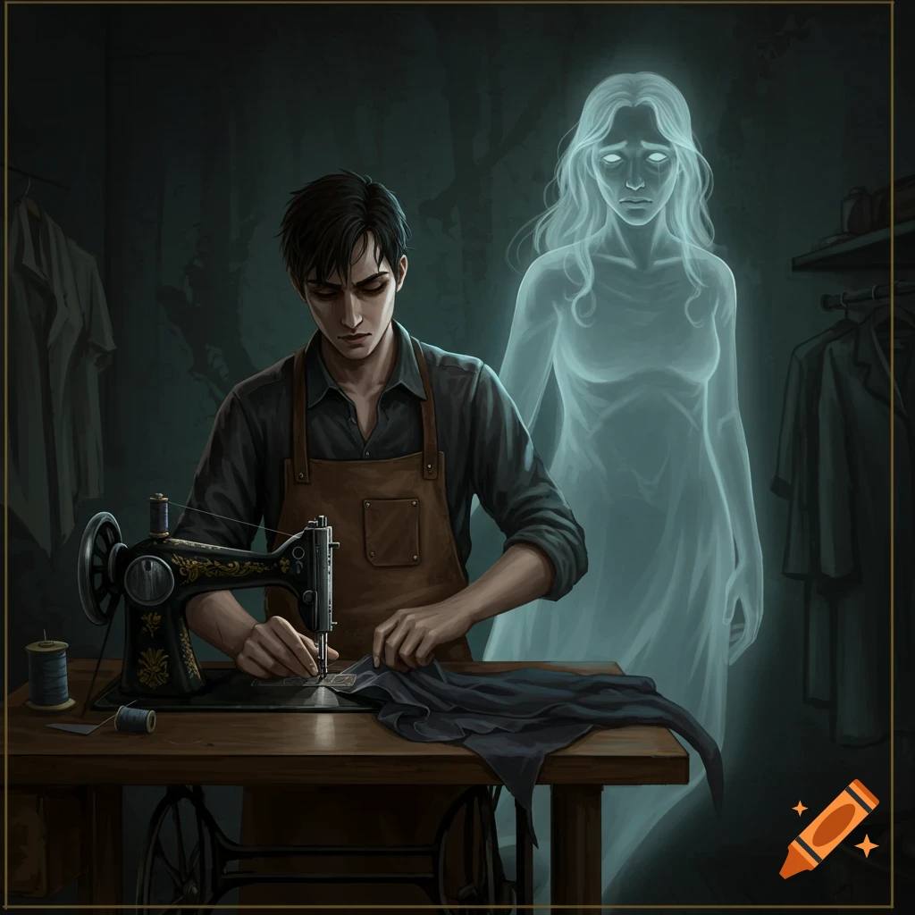 A tailor works at a sewing machine while a ghost stands behind him in a gothic-style illustration.