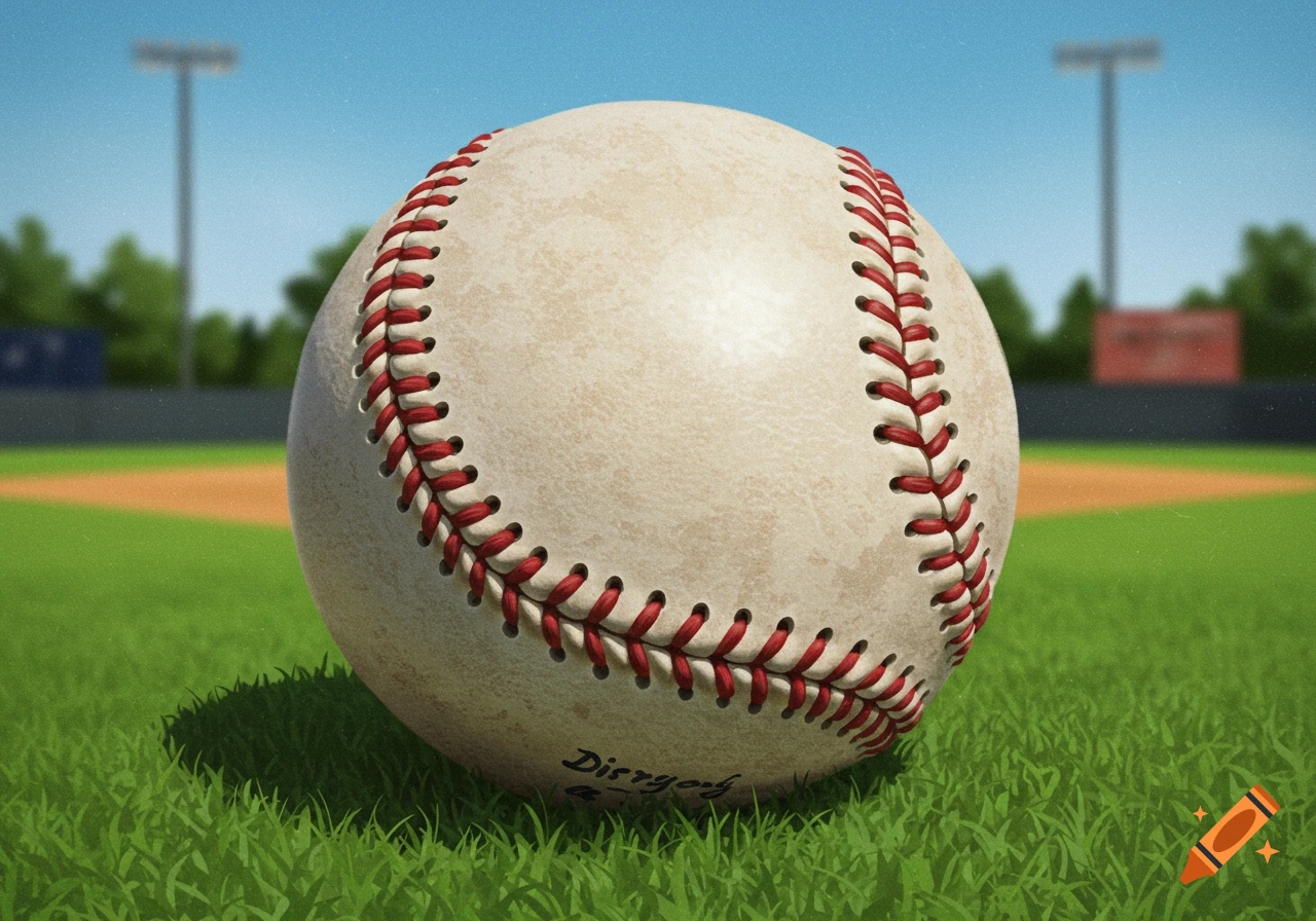 A close-up photorealistic view of a baseball resting on green grass with a baseball field and sky in the background.