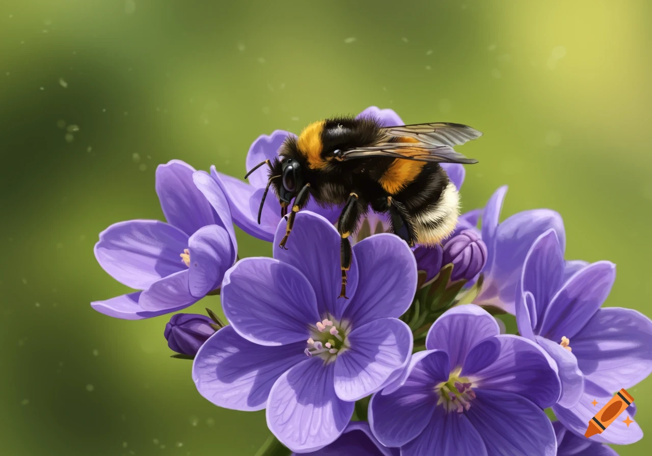 A large bumblebee sits on violet flowers.