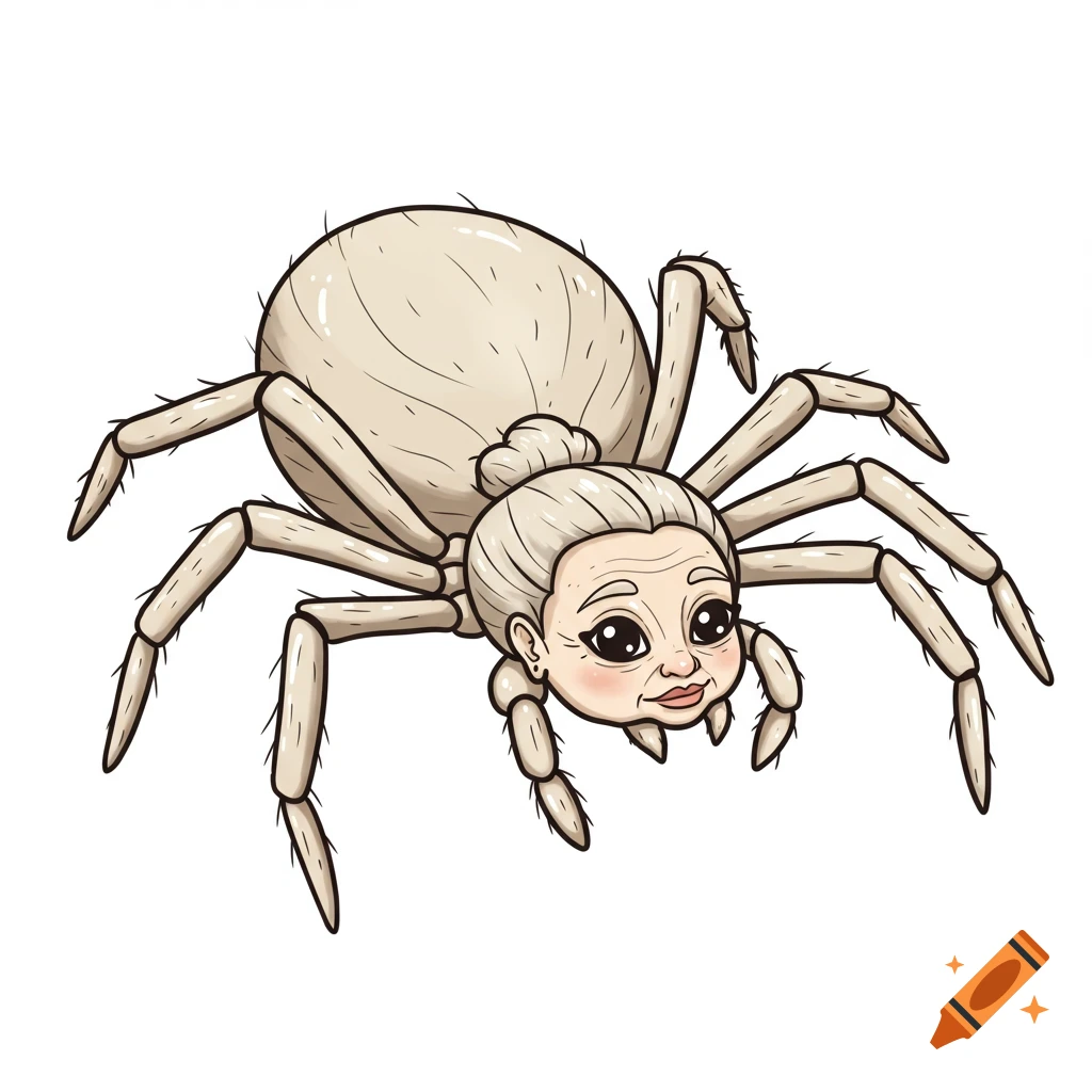 Cartoon illustration of a spider with a grandma's face and hair bun.
