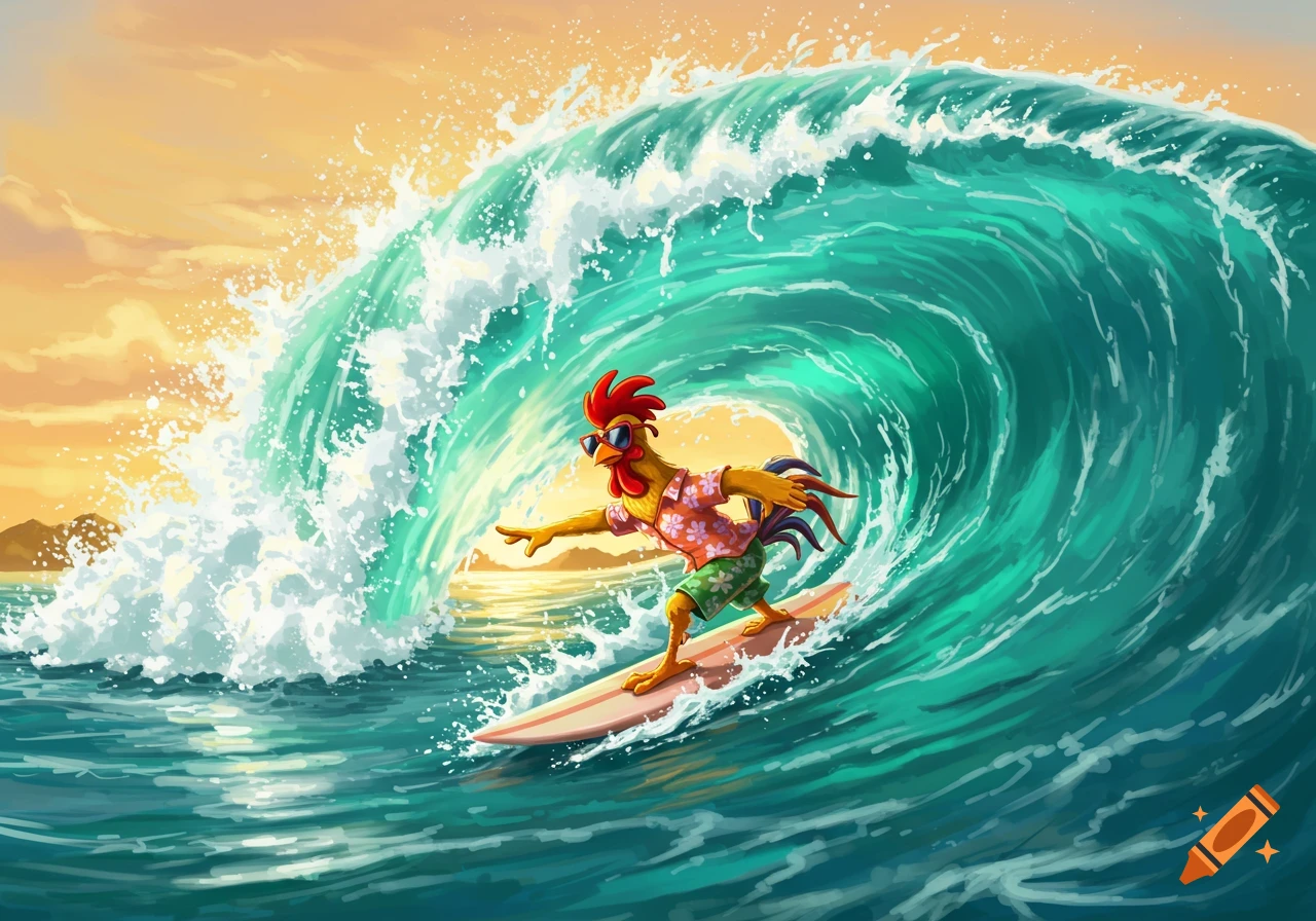 A cartoon chicken in a Hawaiian shirt and sunglasses surfs a large ocean wave.