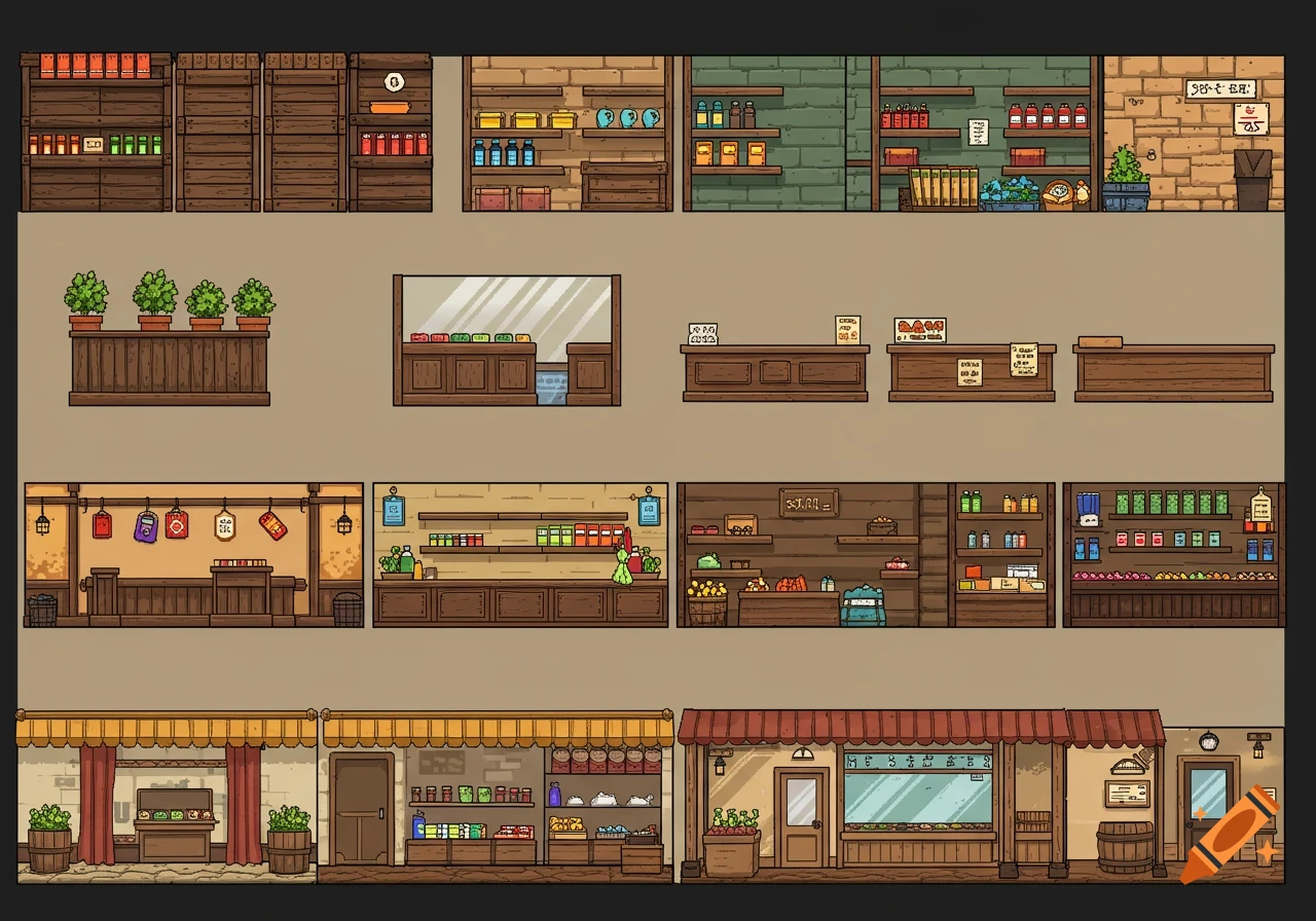 Pixel art shop background 2D asset tiles featuring shelves, counters, and storefronts.