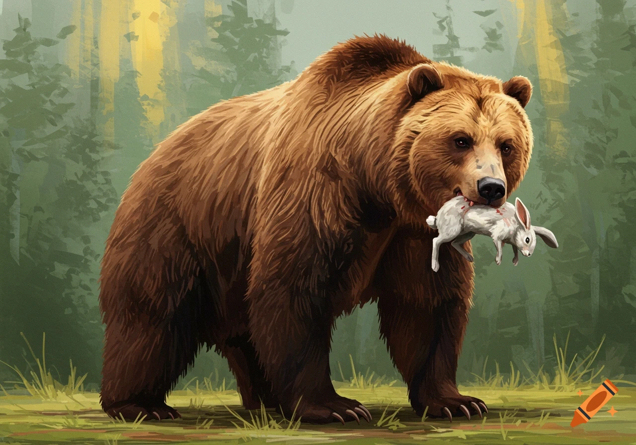 A brown bear stands holding a white rabbit in its mouth in a forest clearing, illustrated.