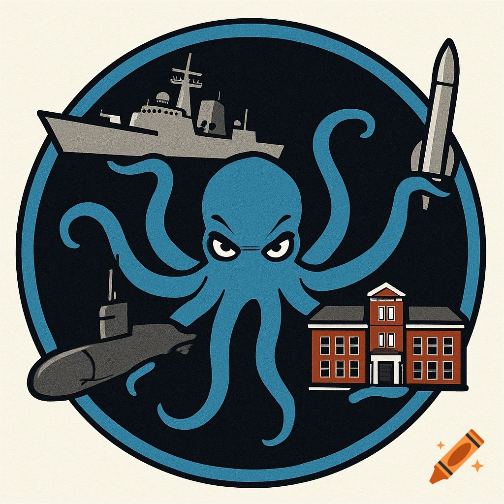 Stylized illustration of a blue octopus holding a ship, submarine, missile, and school building within a circle.