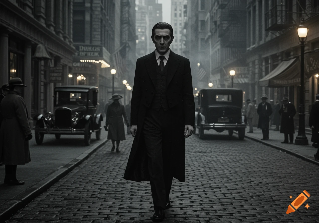 A man in a long coat walks down a cobblestone street in 1920s New York City in black and white.