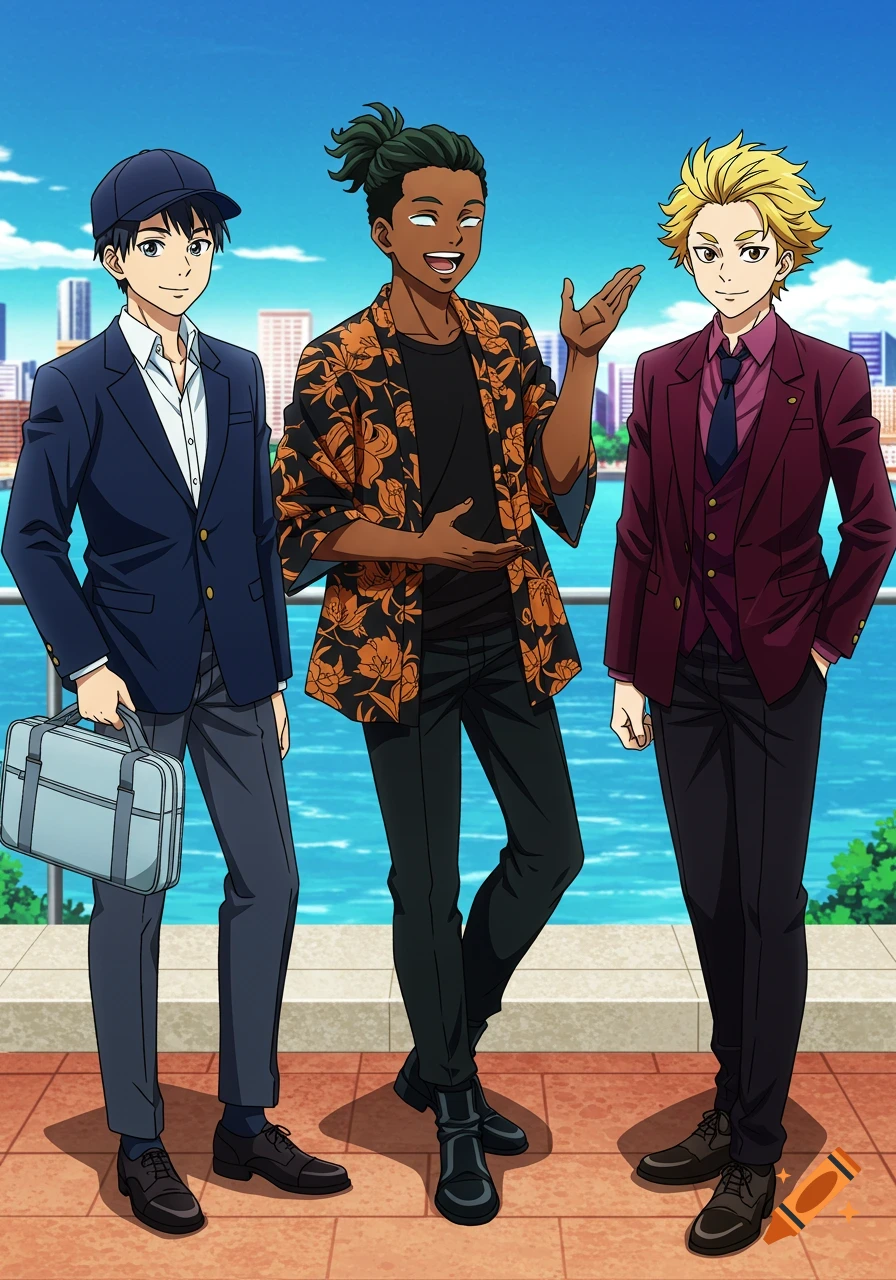 Anime illustration of three young men by the water with a city background