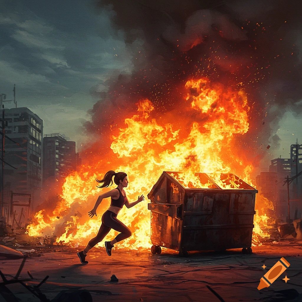 Person running from a large fire next to a dumpster in a destroyed urban environment.