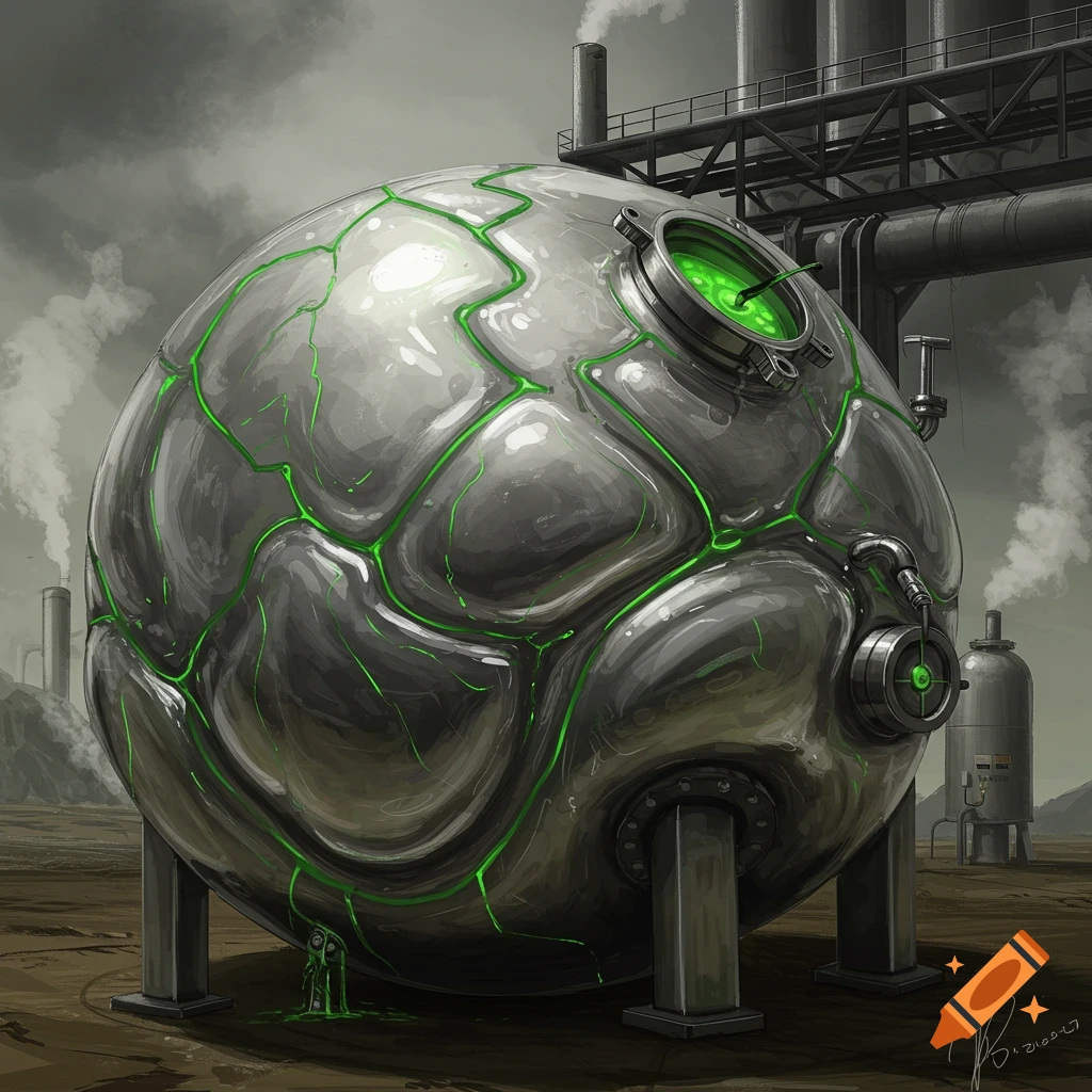 A large metallic sphere with glowing green cracks sits in an industrial wasteland with smokestacks. Digital painting.
