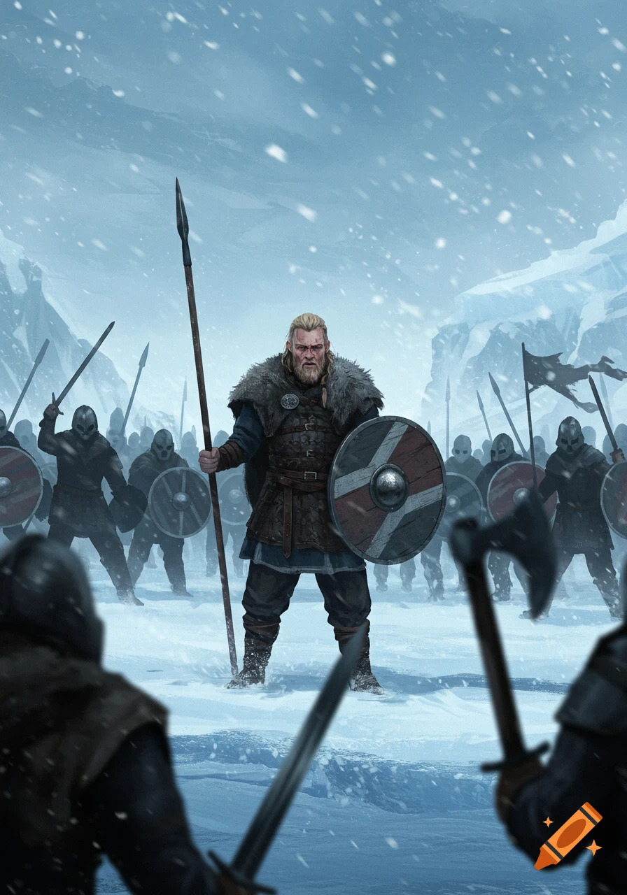Illustration of a Viking warrior holding a spear and shield, leading an army of Vikings through the snow, ready for battle.