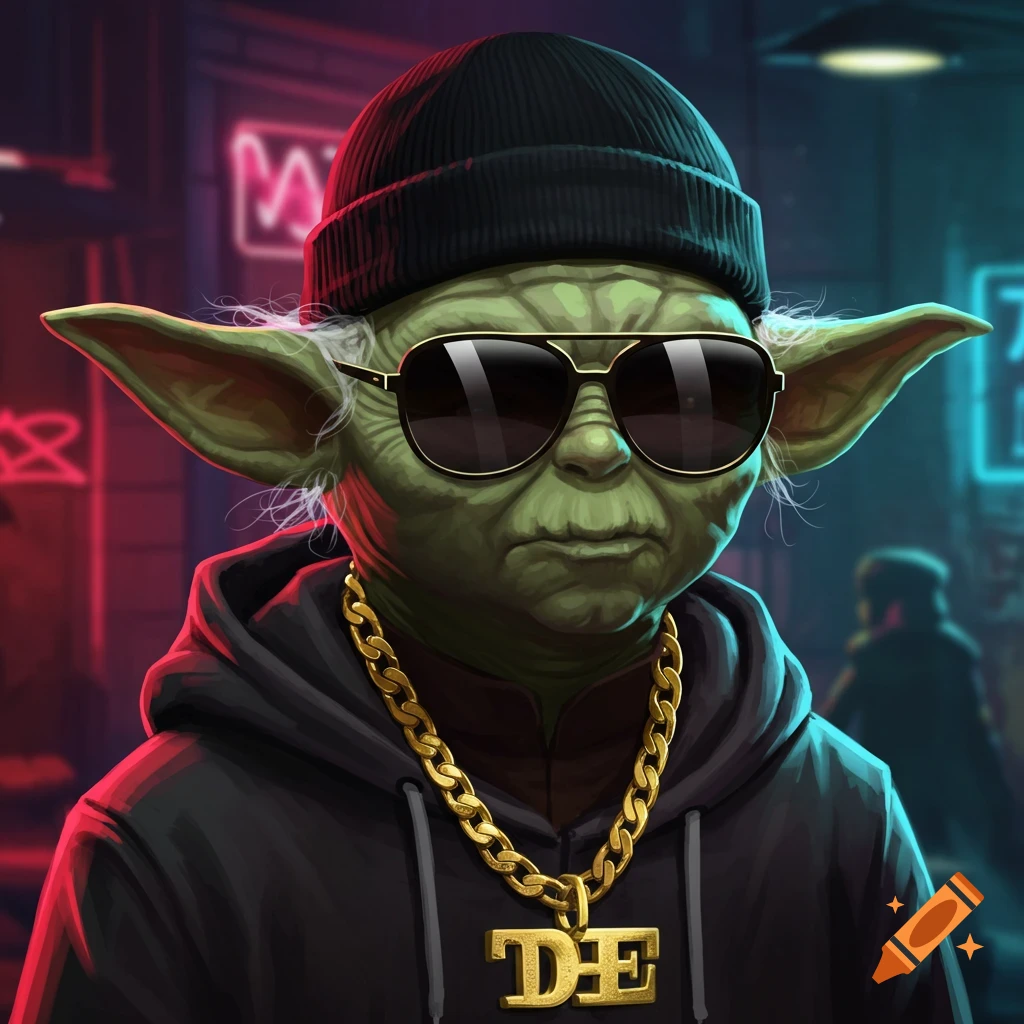 Yoda wearing a beanie, sunglasses, hoodie, and gold chain