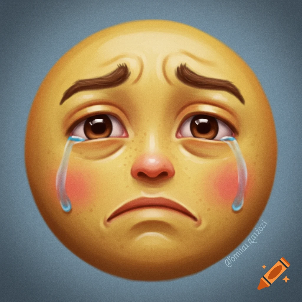 A realistic-looking sad emoji face crying