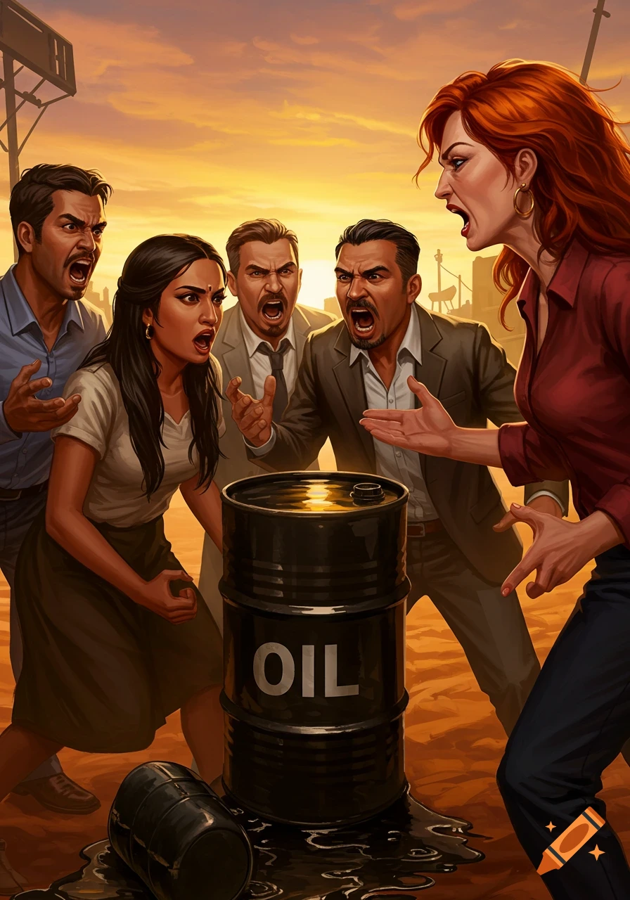 Illustration of five people arguing around black oil barrels at sunset.