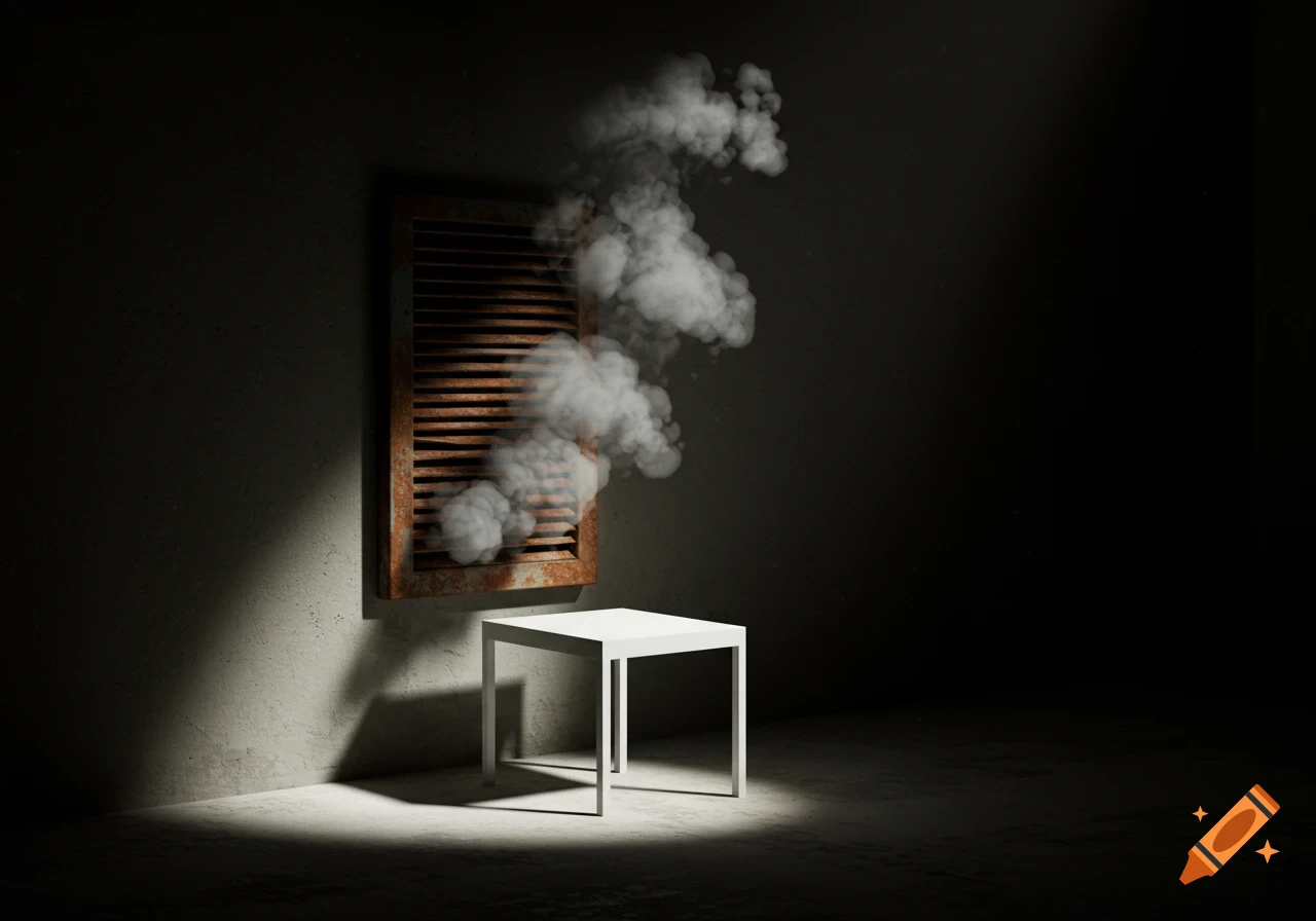 Smoke coming from a vent above a white table in a dark room.