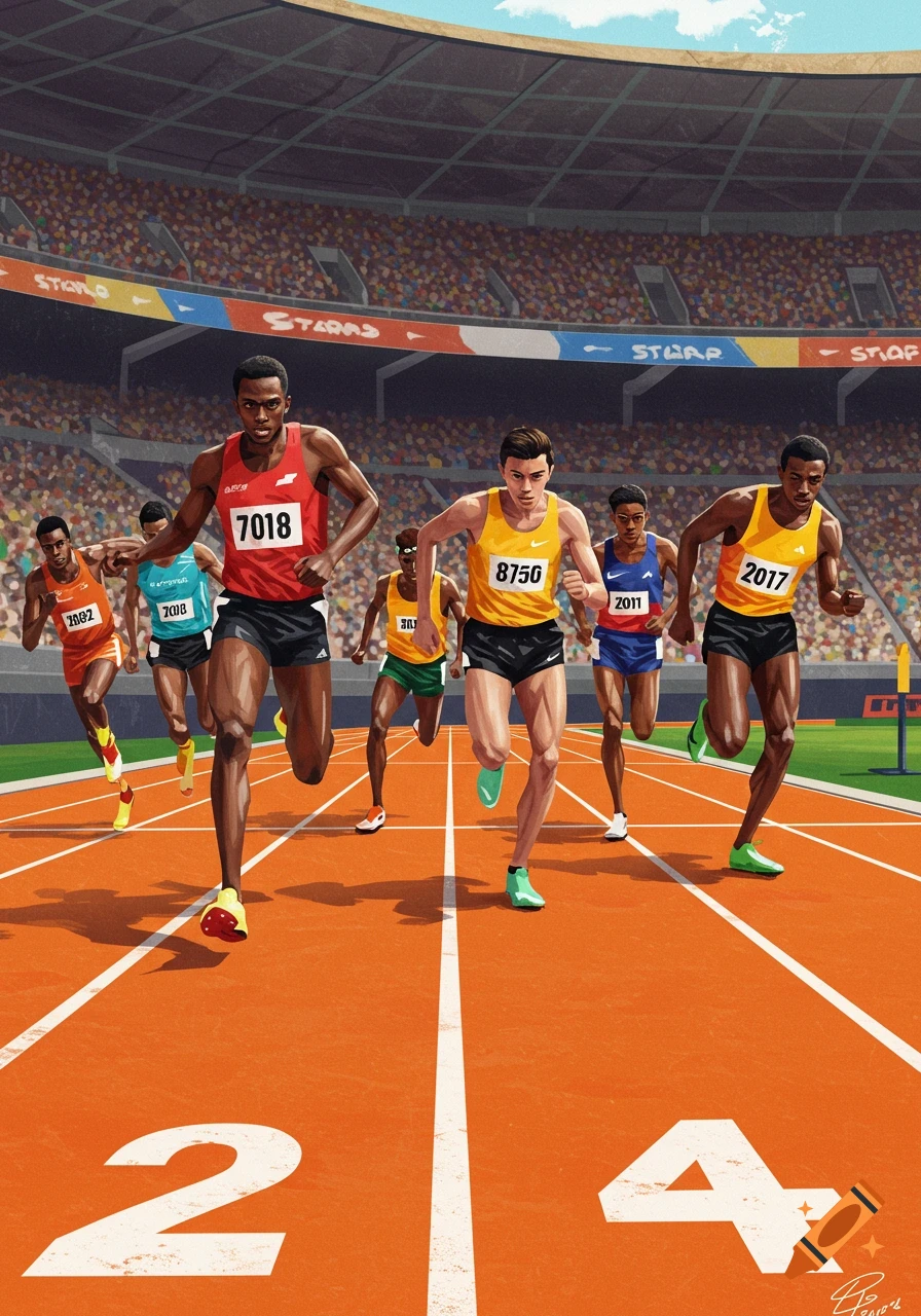 Illustrative depiction of runners competing in a race on a track in a stadium.