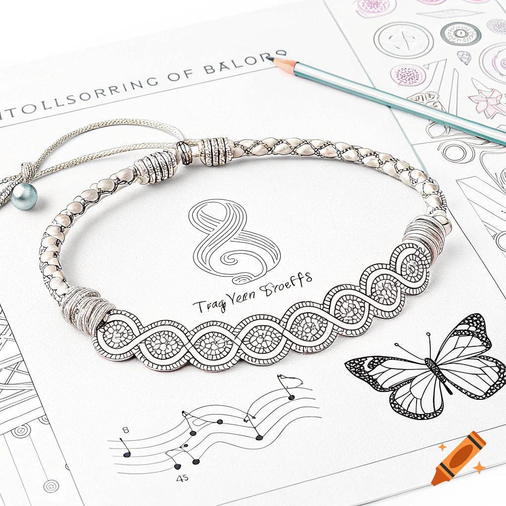 A silver beaded friendship bracelet sits on a coloring page with drawings of a butterfly, music notes, and abstract patterns, next to a pencil.