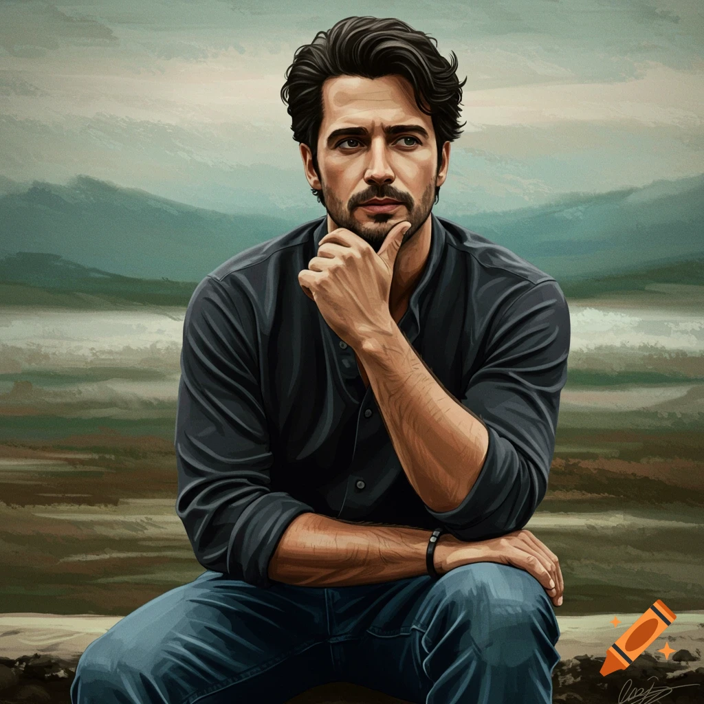 Digital painting of a thoughtful man sitting, hand on chin, against a landscape background.