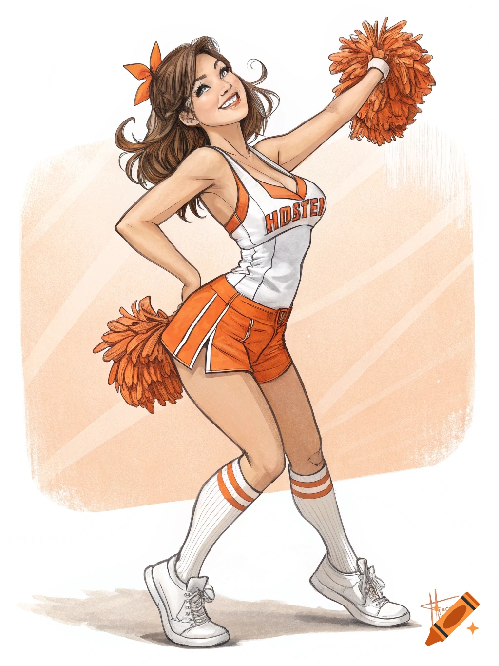 A cartoon drawing of a female cheerleader in an orange and white uniform with pom-poms.