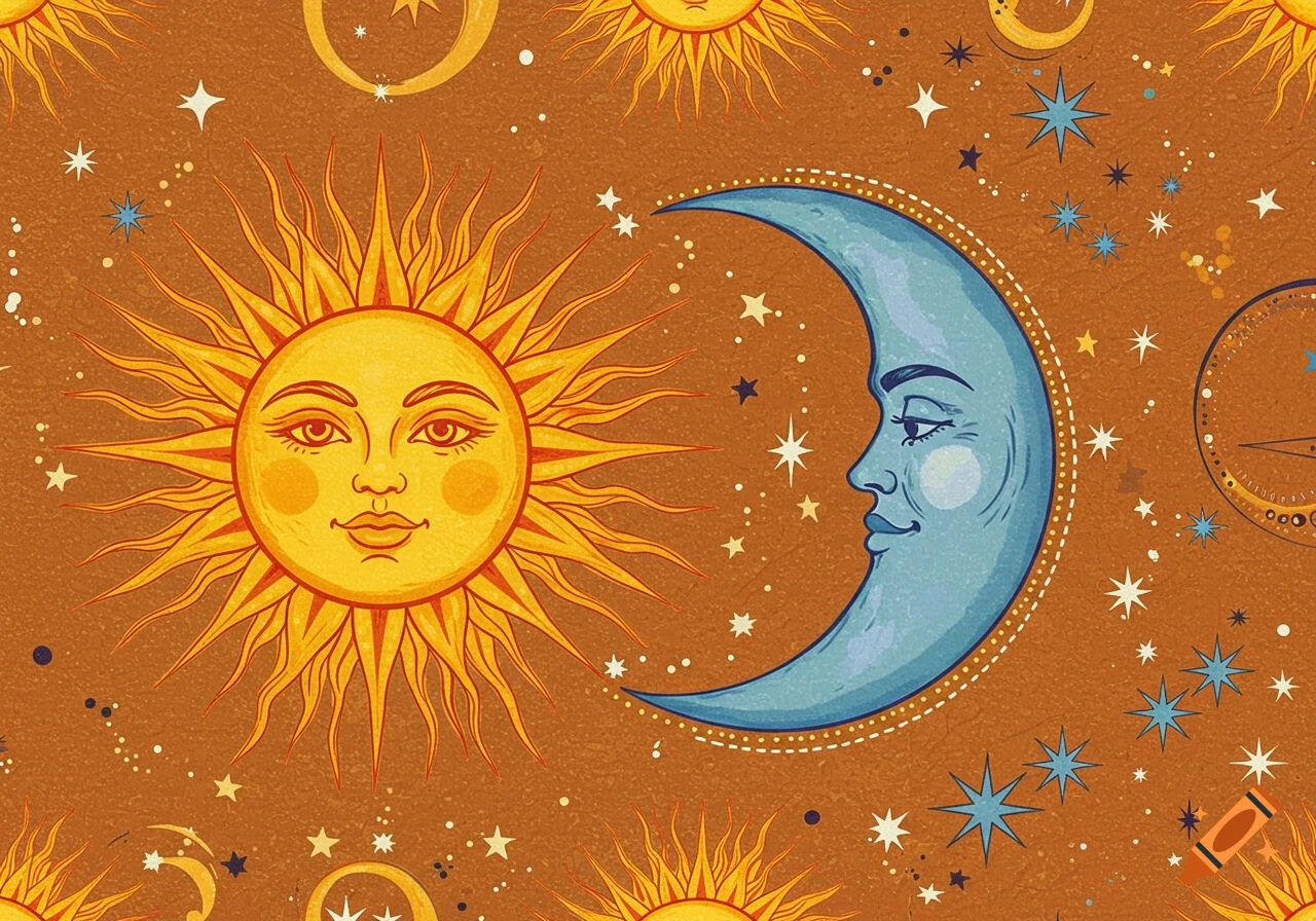 A stylized pattern illustration of a yellow sun with a face and a blue crescent moon with a face, surrounded by stars on an orange background.