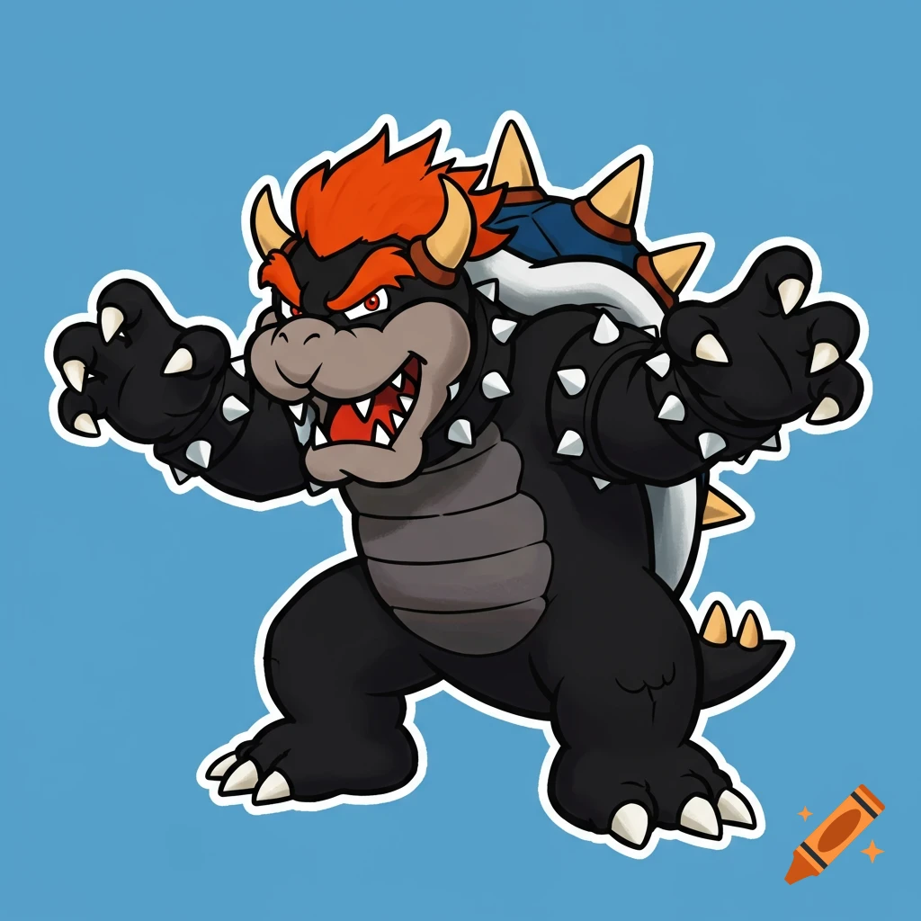 Cartoon illustration of black Bowser from Mario with orange hair, arms raised, on a blue background.