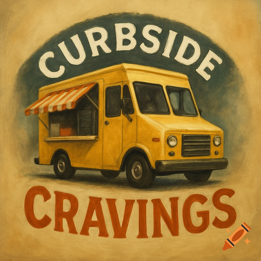 Illustration of a yellow food truck with 'Curbside Cravings' text logo.