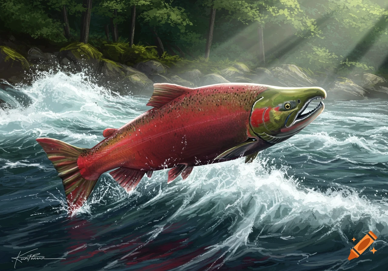 A red salmon leaps from a river, splashing water, with green trees behind. Painted illustration.
