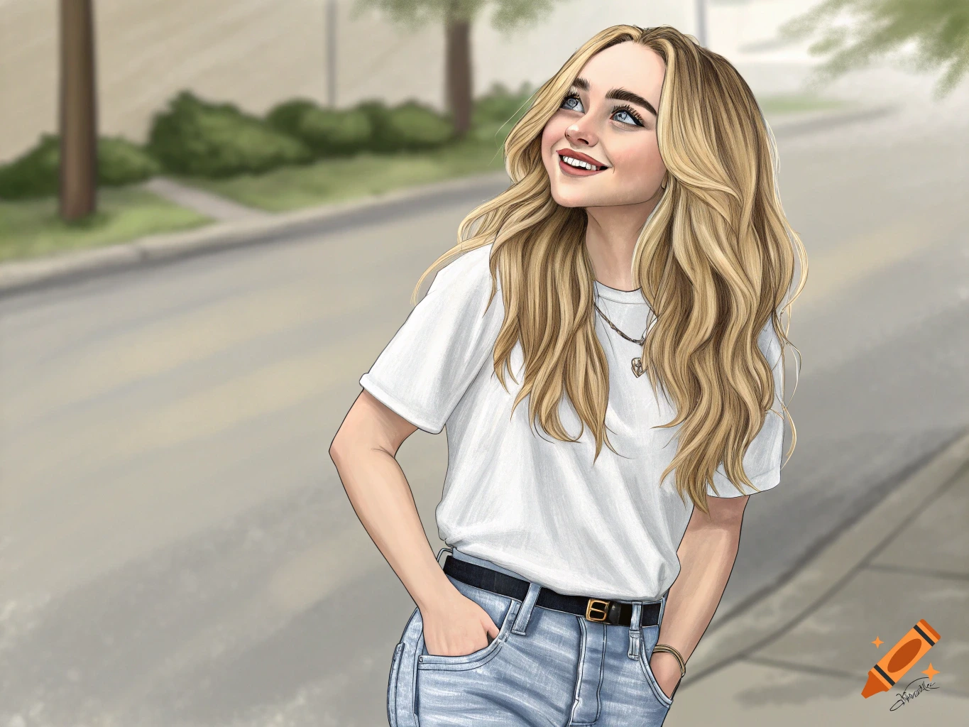 Illustration of a young woman with long blonde hair smiling and looking up
