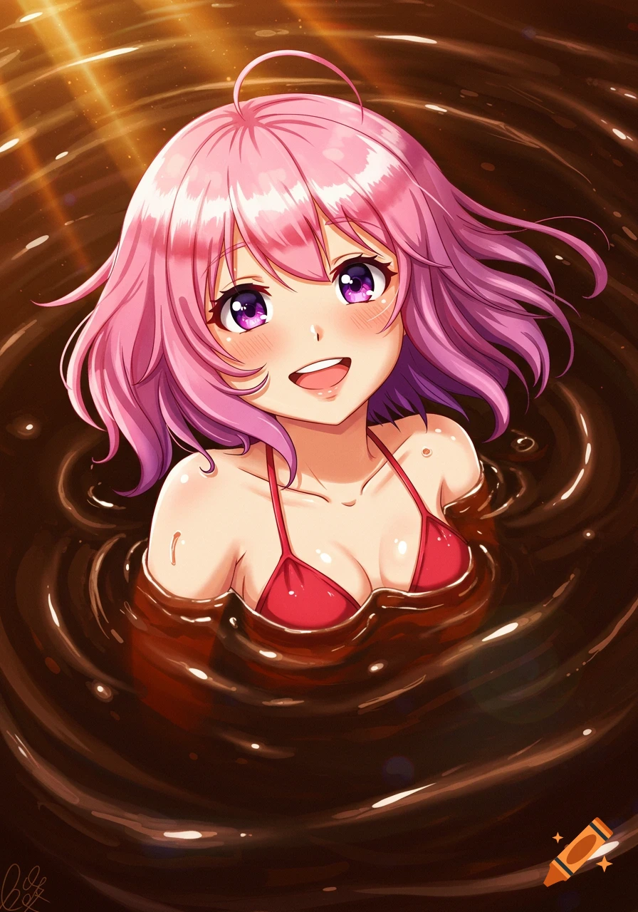 An anime girl with pink hair and purple eyes smiles happily while submerged in brown liquid, with light rays above.