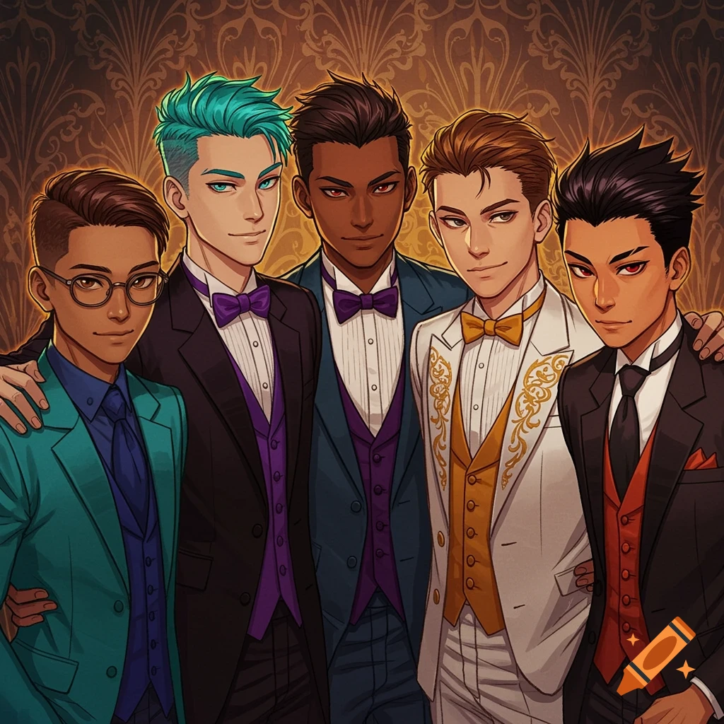 Anime-style portrait of five young men in tuxedos.