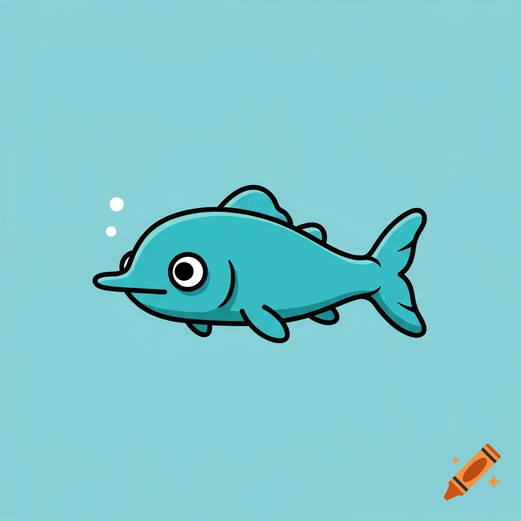 A minimalist cartoon turquoise fish swimming in blue water with bubbles.
