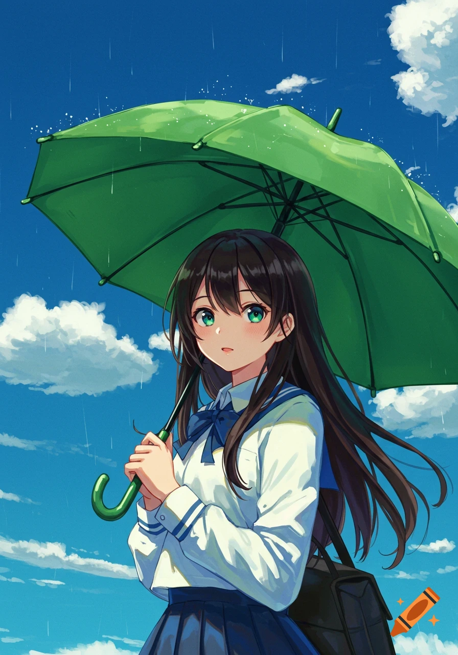 Anime girl in school uniform holding a green umbrella in the rain.
