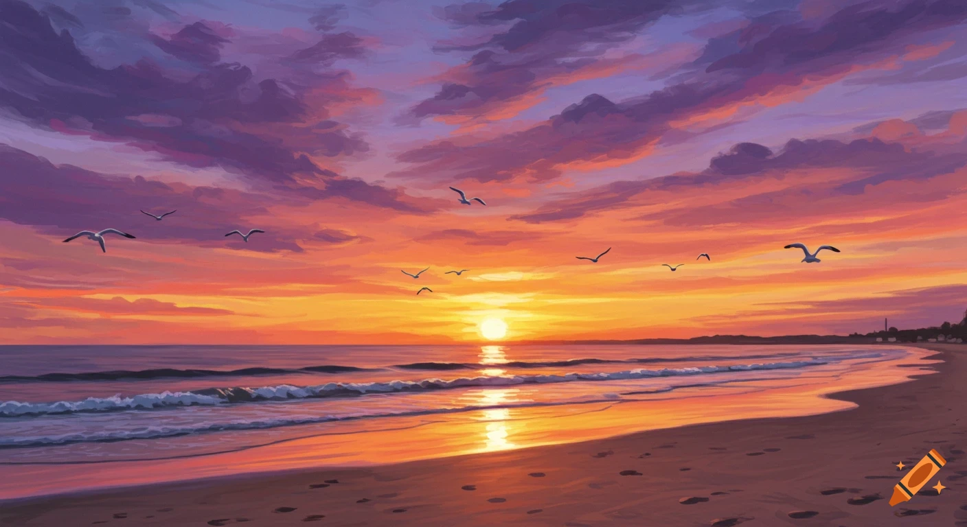 Painting of a vibrant sunset over a beach with waves and seagulls. on ...