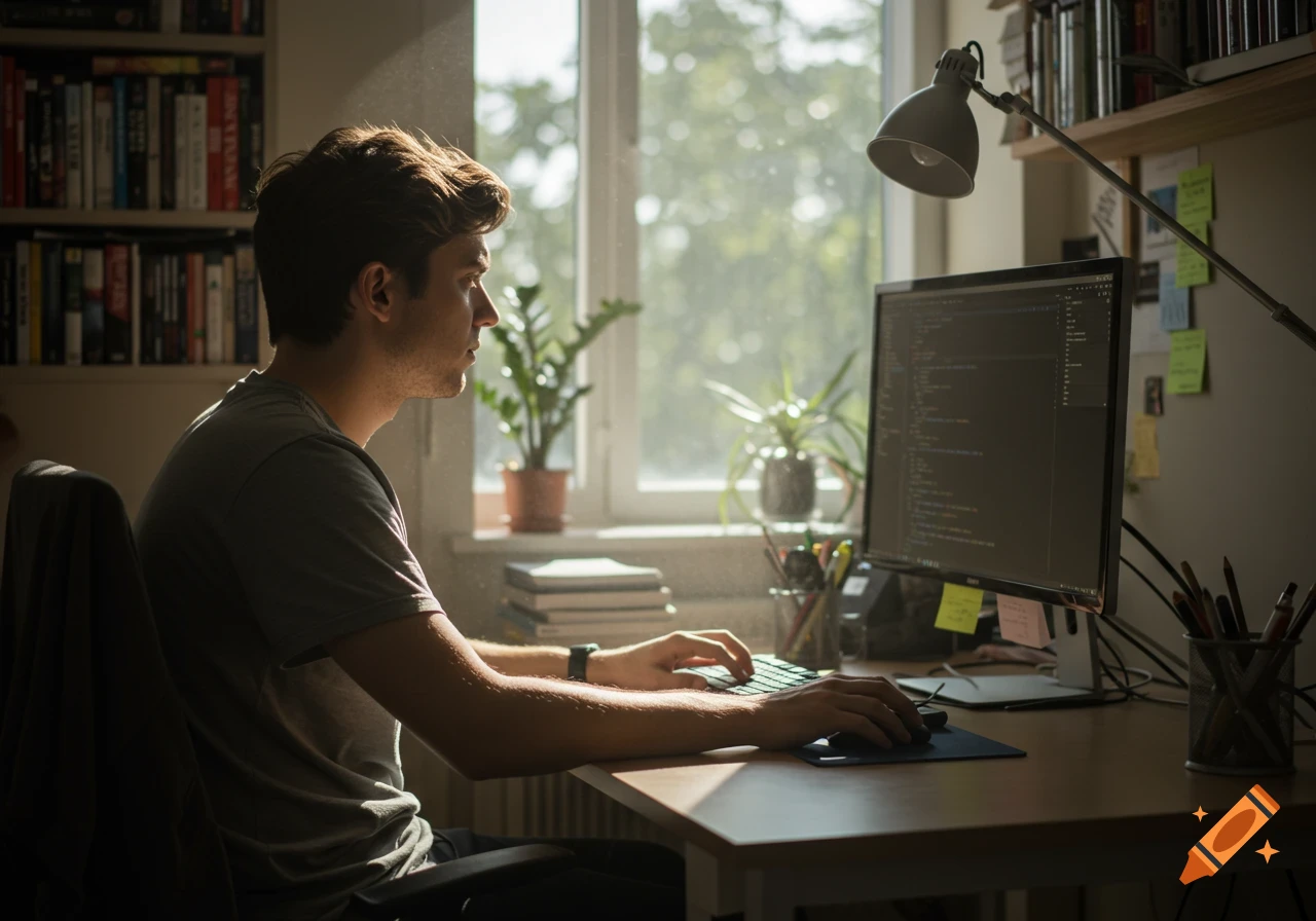 Young man working on a computer at a desk in a sunlit room with bookshelves and plants.