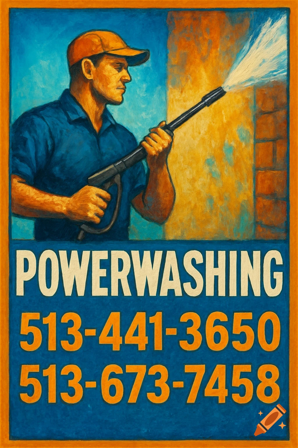 Illustrated poster for powerwashing service with man and phone numbers.