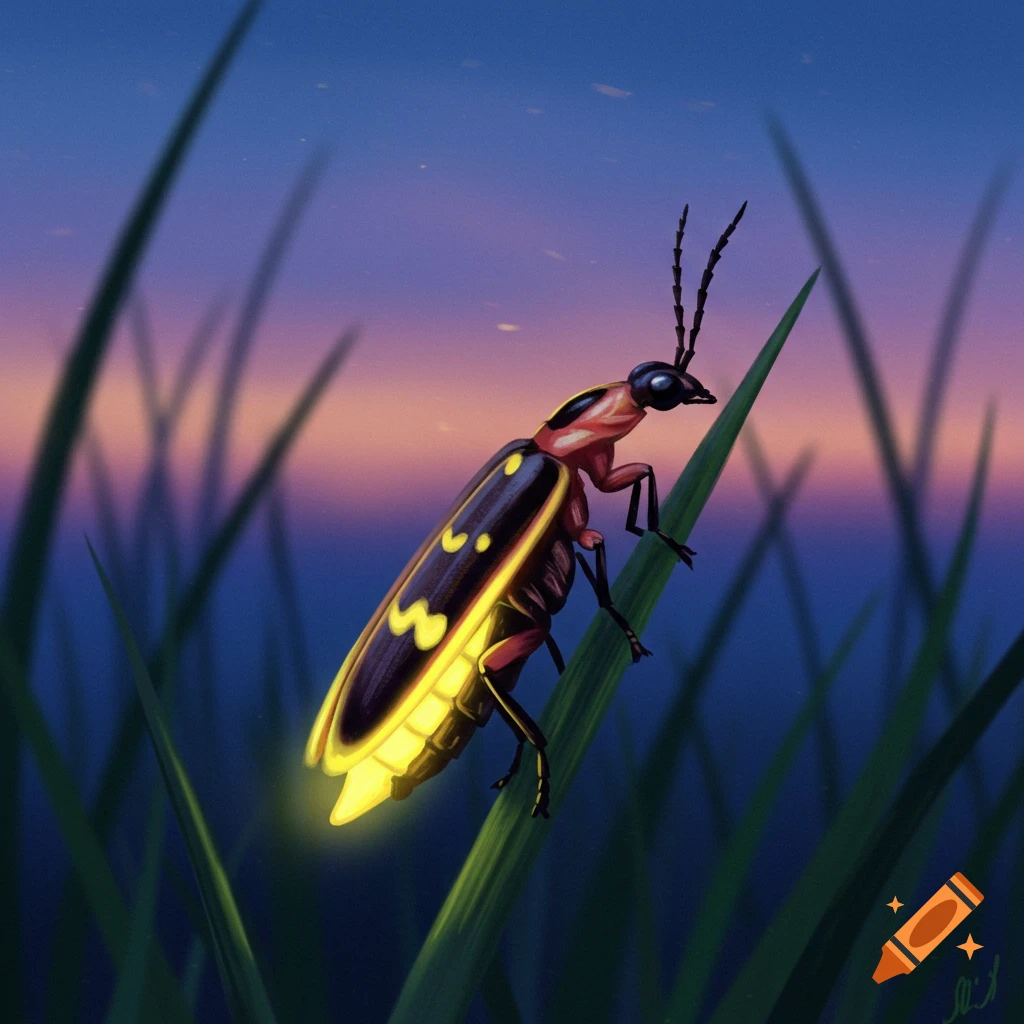 An illustration of a firefly glowing on a blade of grass at twilight.