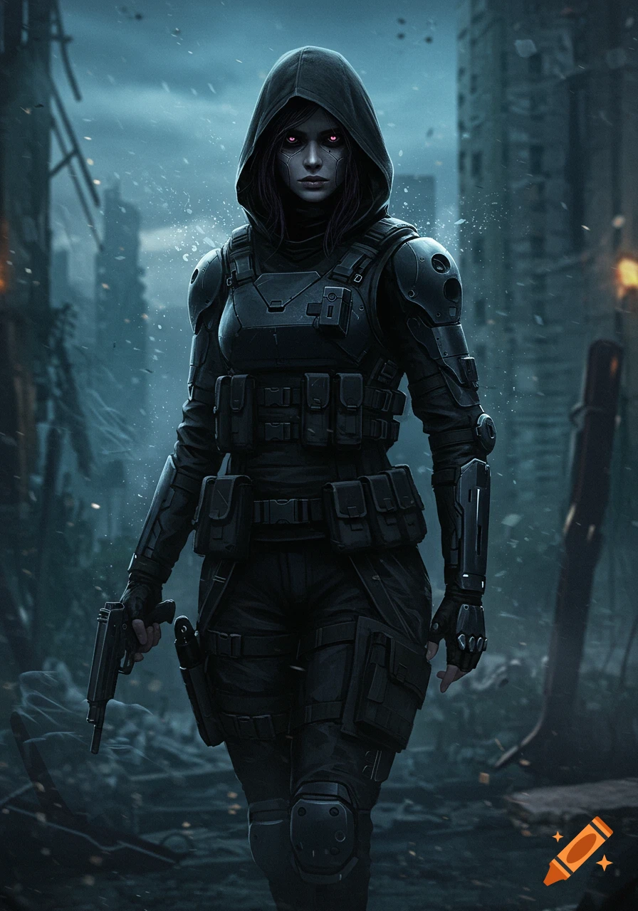 A woman in black tactical armor with glowing eyes holds a gun in a ruined city.