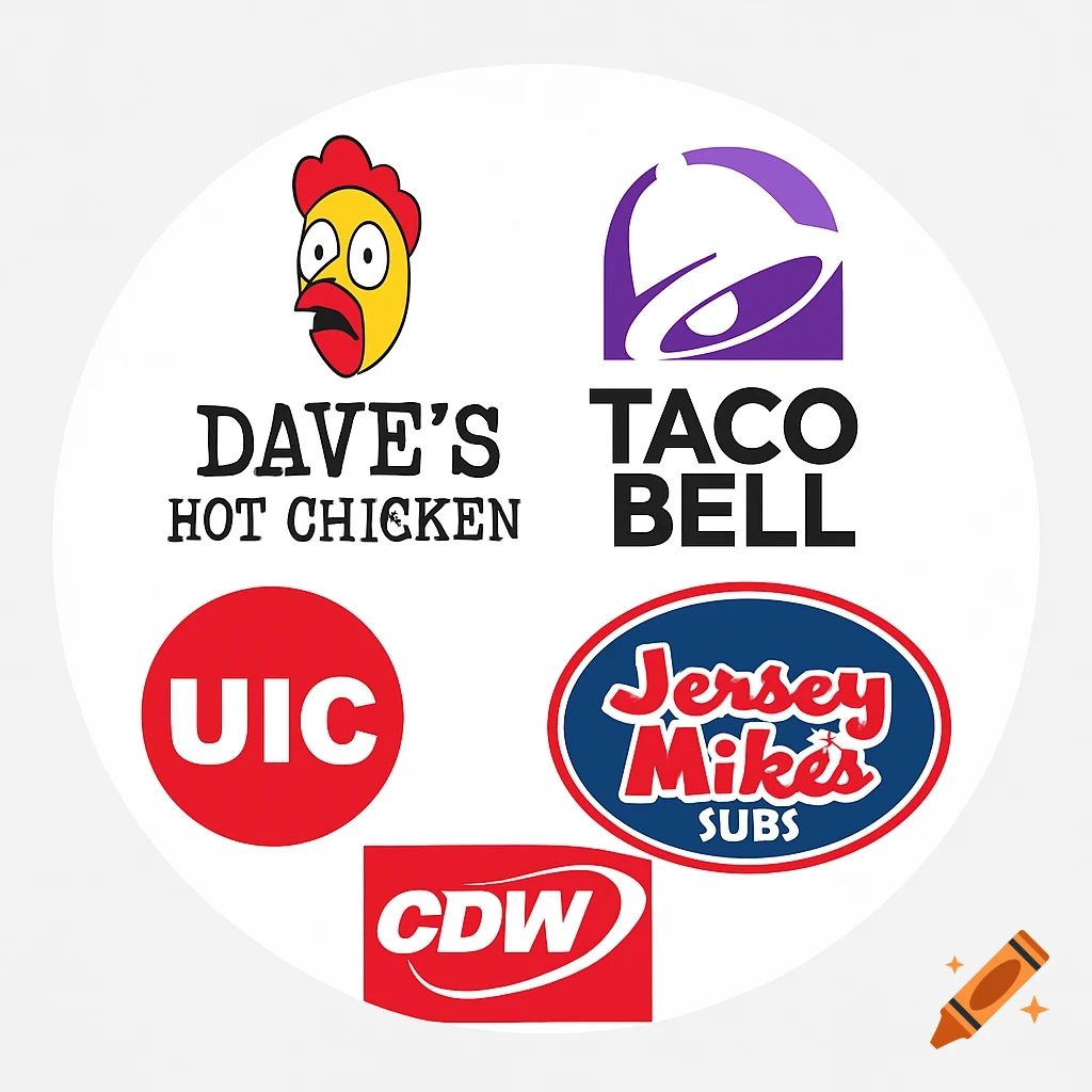 Logos for Dave's Hot Chicken, Taco Bell, UIC, CDW, and Jersey Mike's Subs arranged in a circle.