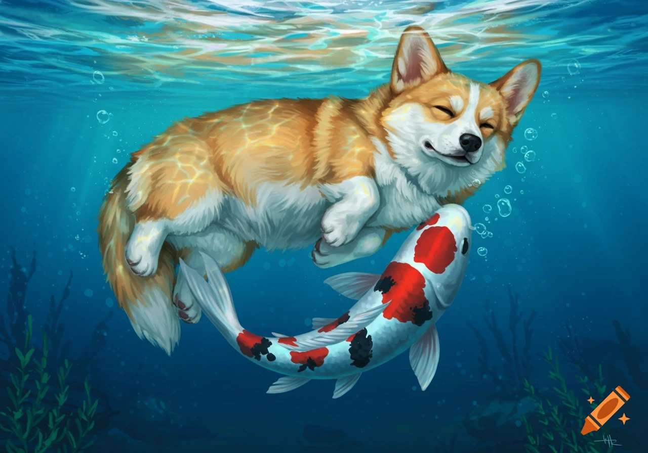 An illustration of a corgi sleeping underwater on a koi fish.