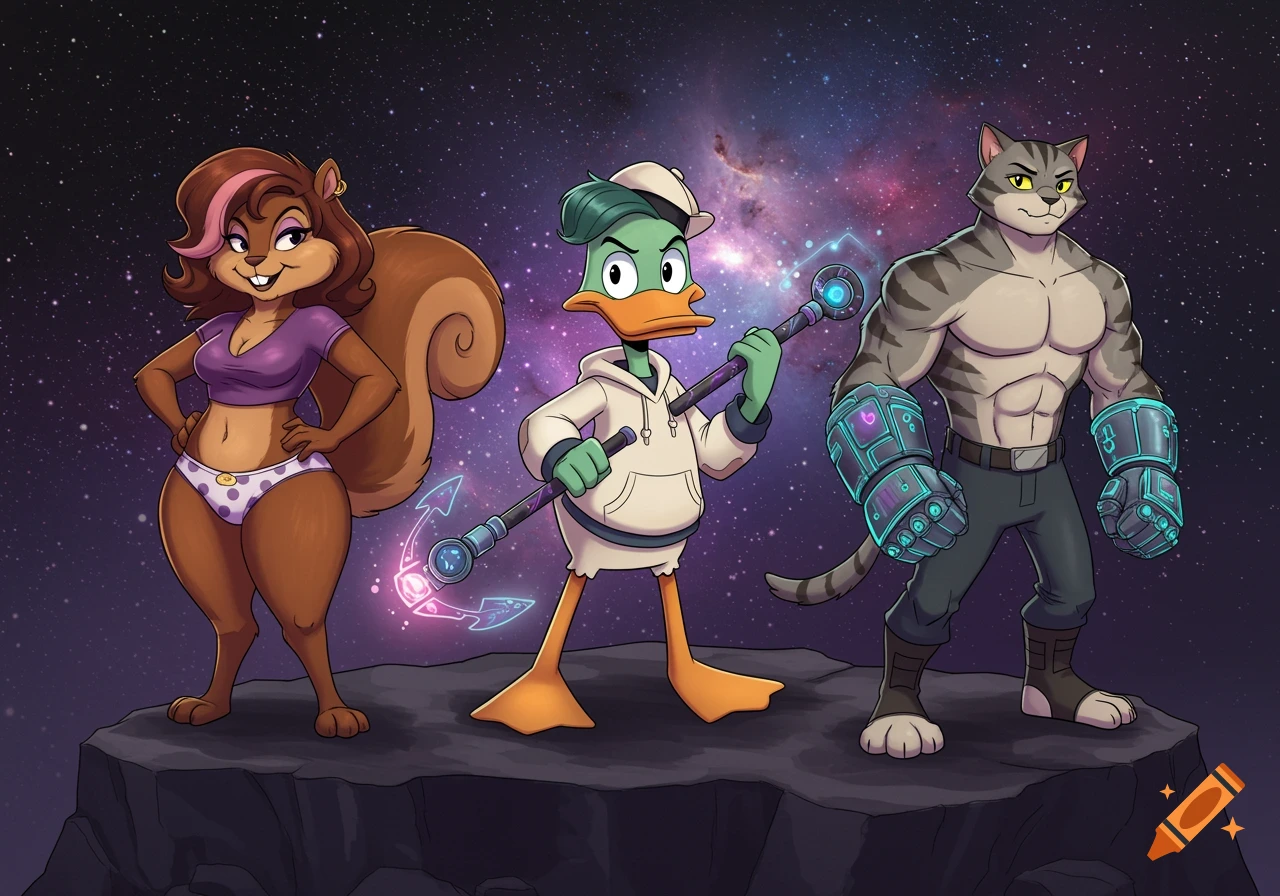 Cartoon illustration of three anthropomorphic heroes (squirrel, duck, cat) standing on a rock against a cosmic background.