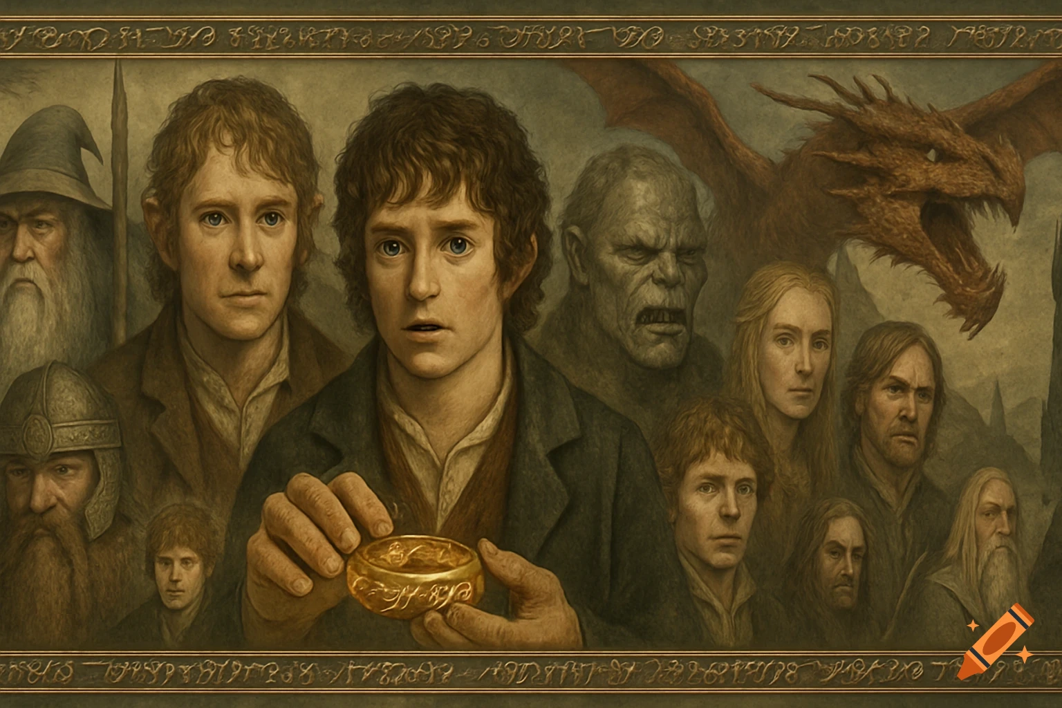 Painting of Lord of the Rings and Hobbit characters including hobbits, Gandalf, an orc, a dragon, and the One Ring.