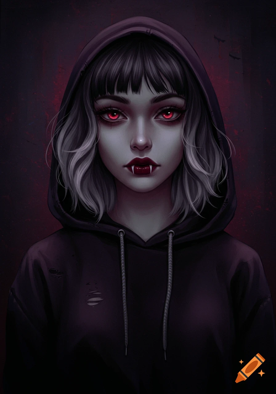 Close-up drawing of a young vampire woman in a hoodie with red eyes and fangs.